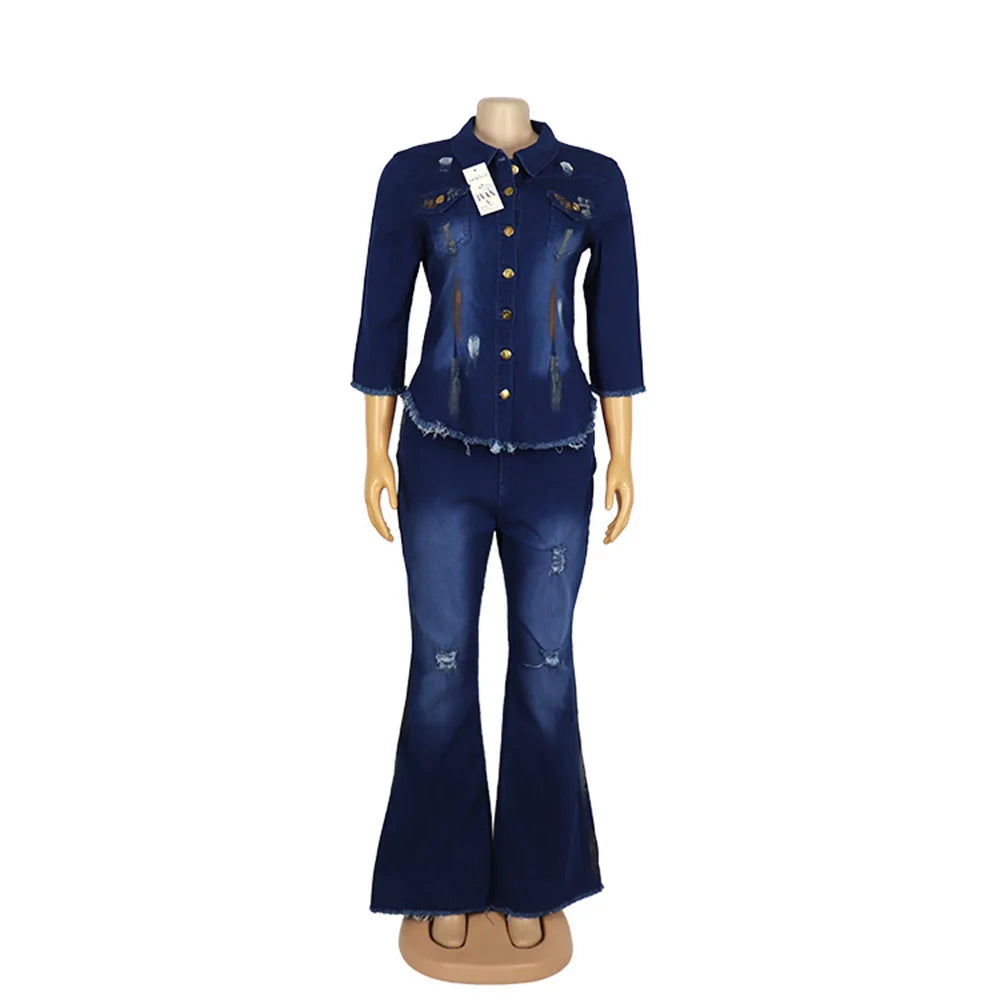 African Mom Jeans Set Stretch Fabric Flared Jeans Jeans with Print Women'S Ripped Jeans Ripped Jeans